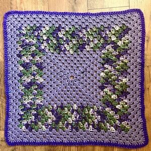 Vintage Handmade Crochet Granny Square Throw Afghan Purple Green 27.5” x 27.5”